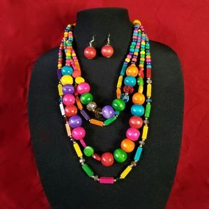 Fashion Jewelry Multi Strand Necklace Set Vibrant Acrylic And Wood Beads